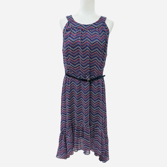 Tommy Hilfiger Chevron Print High Low Ruffle Hem Belted Halter Dress Size 16 - Picture 5 of 12